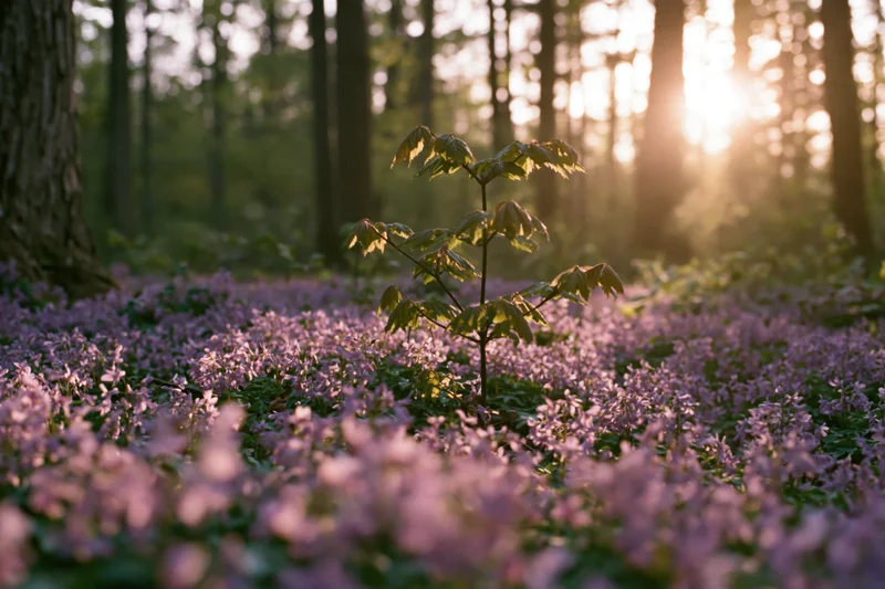 Young sapling growing among purple wildflowers on forest floor at sunrise