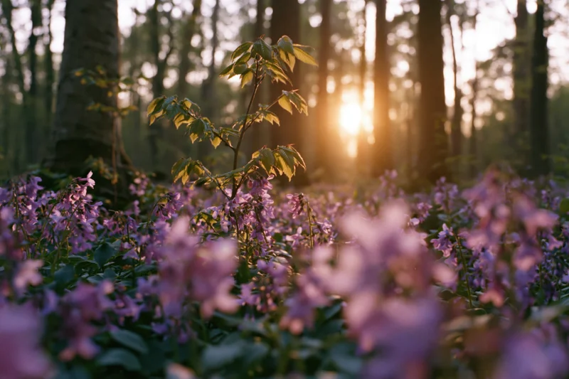 Purple and pink wildflowers blooming on forest floor at sunrise with sunlight filtering through trees