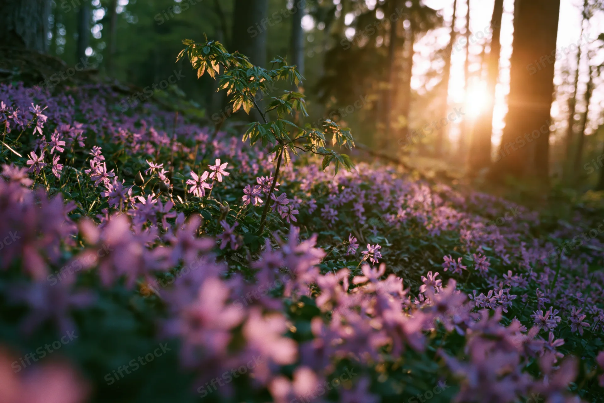 Purple and pink wildflowers blooming across a forest floor at sunrise