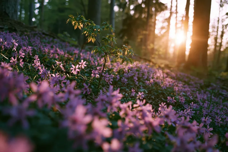 Purple and pink wildflowers blooming across a forest floor at sunrise