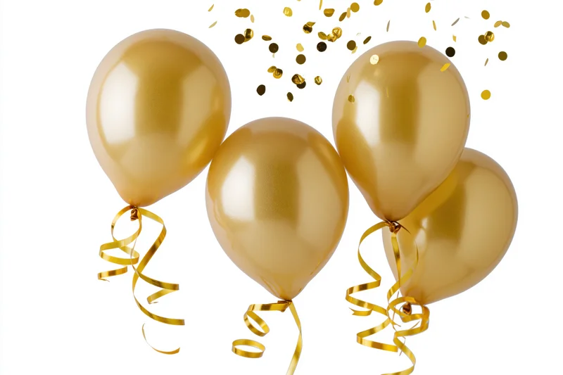Four gold metallic balloons floating in an arch shape with confetti and ribbons against white background