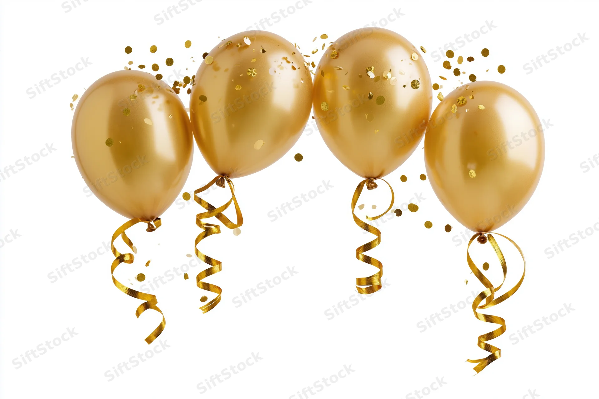 Four gold metallic balloons arranged in an arch with confetti and ribbons on white background