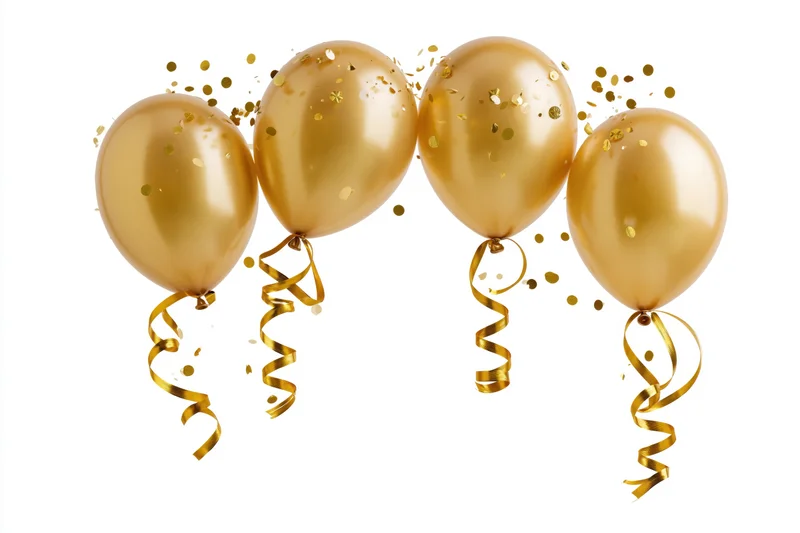 Four gold metallic balloons arranged in an arch with confetti and ribbons on white background