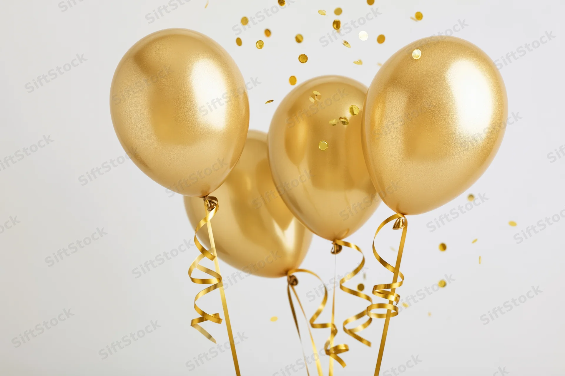 Gold metallic balloons with confetti and ribbons floating against white background