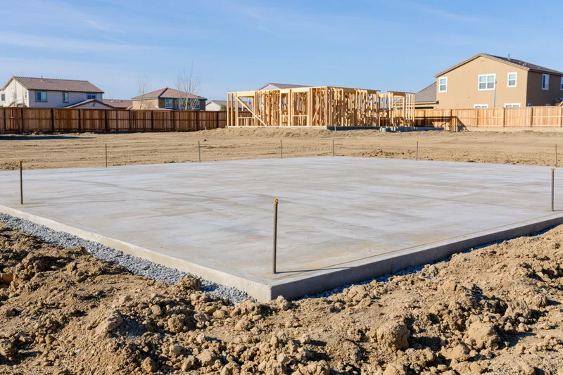 Freshly poured concrete foundation slab with anchor bolts on a residential construction site