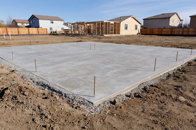 Freshly poured concrete foundation slab with rebar anchors on a residential construction site