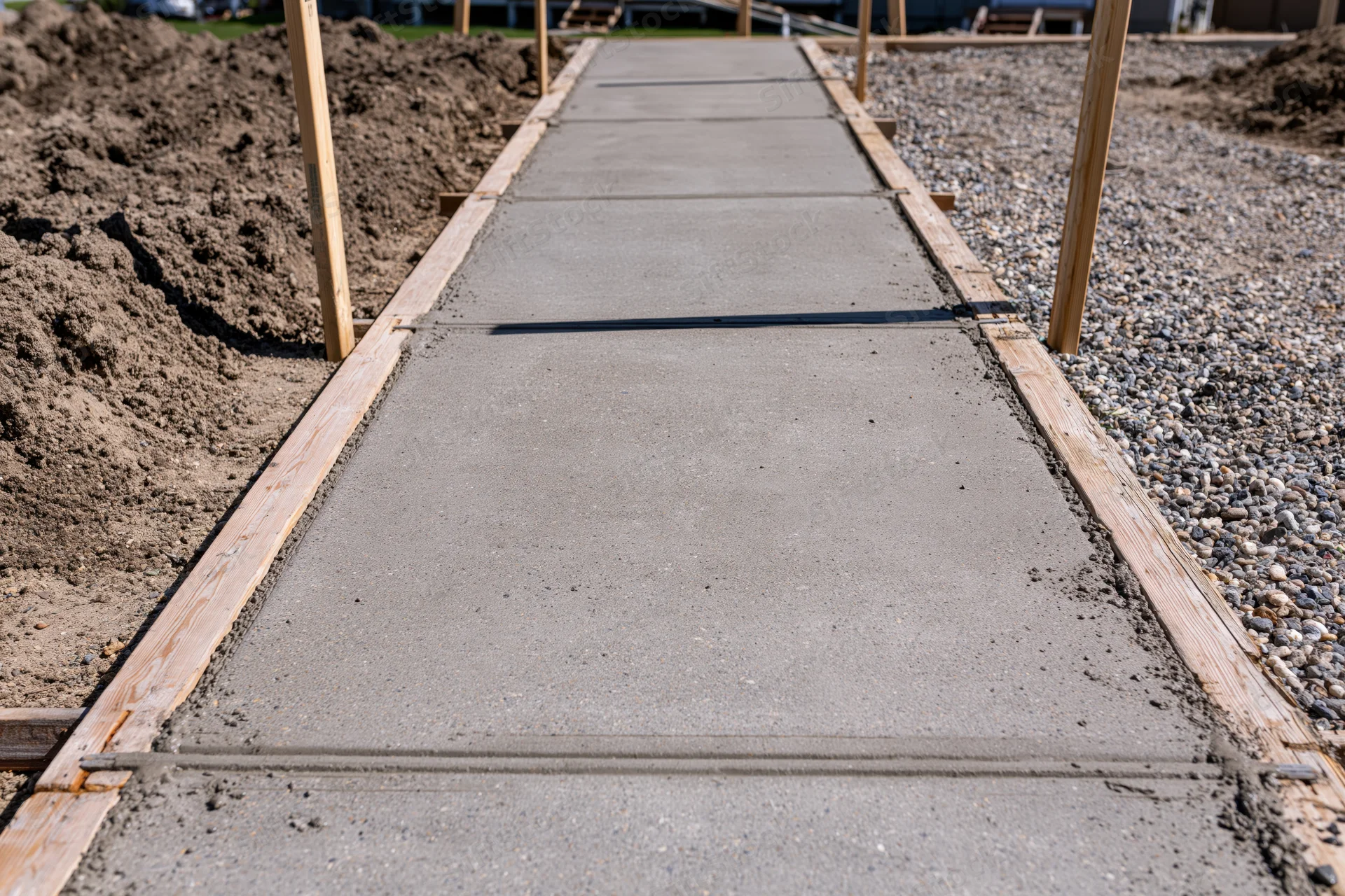 Freshly poured concrete sidewalk panels framed by wooden formwork on a construction site