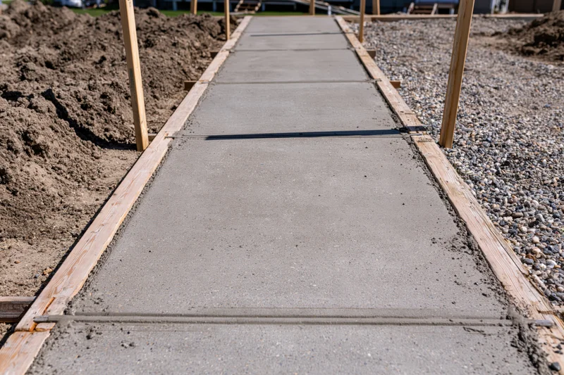 Freshly poured concrete sidewalk panels framed by wooden formwork on a construction site