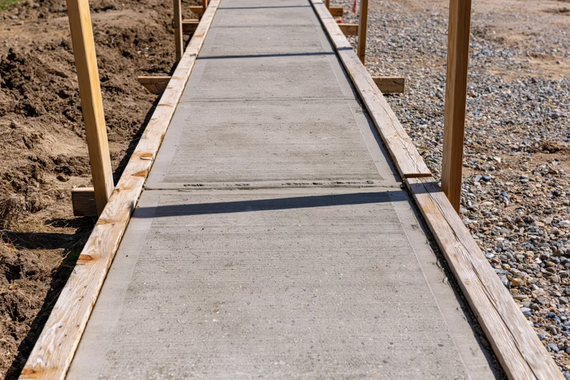 Freshly poured concrete sidewalk panels with expansion joints framed by wooden formwork on a construction site