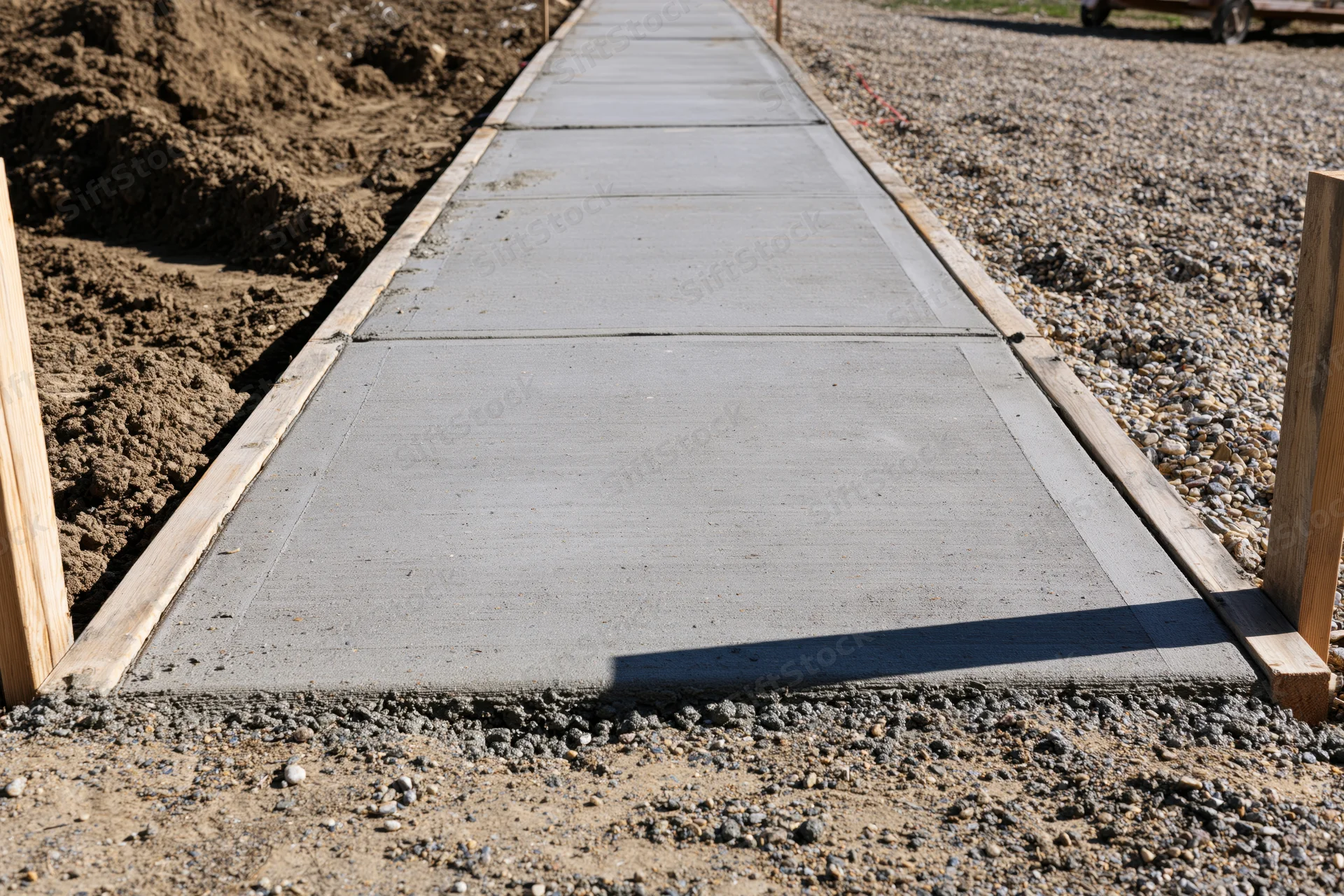 Freshly poured concrete sidewalk panels with expansion joints framed by wood formwork on a construction site