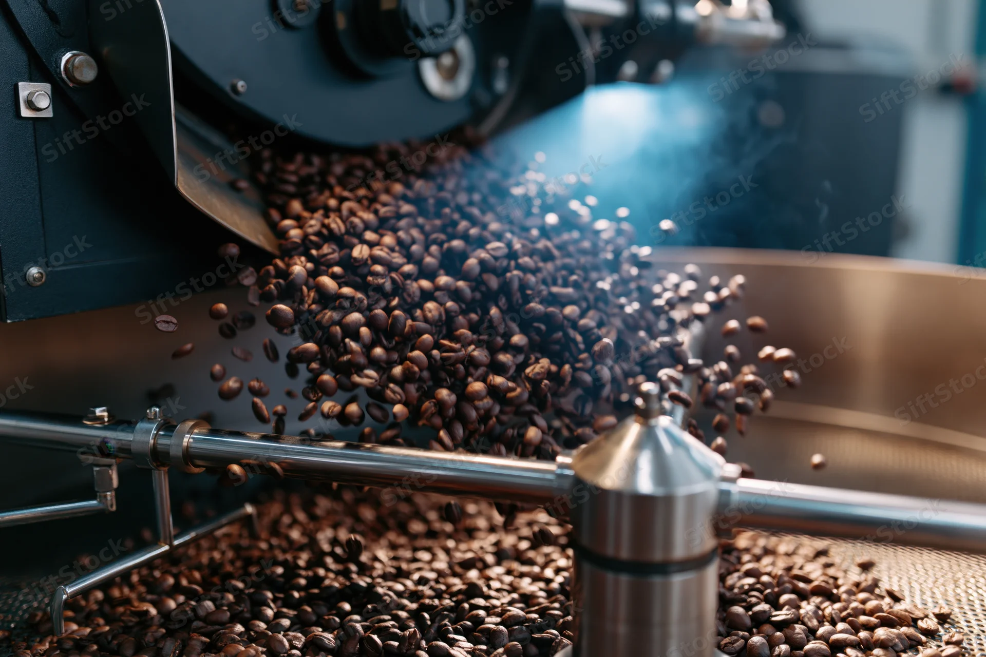 Freshly roasted coffee beans cascading from a roasting machine into a cooling tray in a factory setting