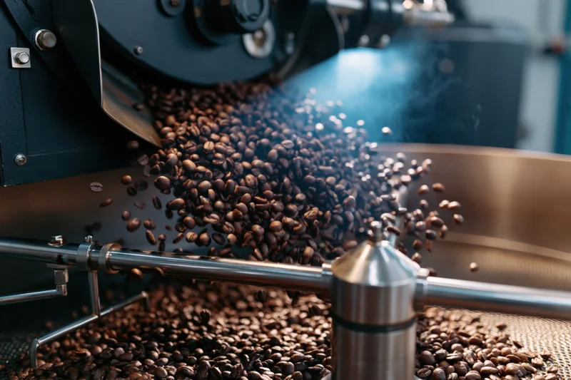 Freshly roasted coffee beans cascading from a roasting machine into a cooling tray in a factory setting