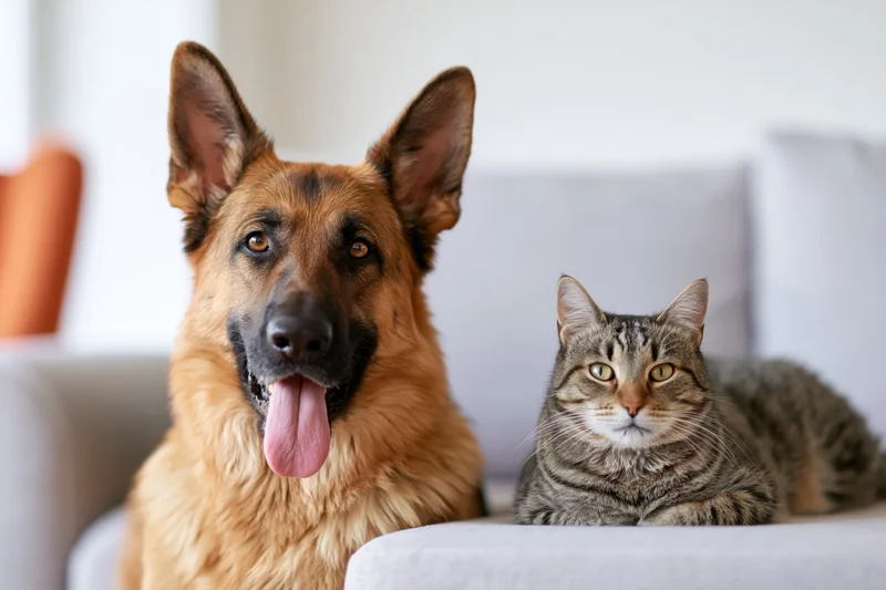 German shepherd dog with tongue out and tabby cat sitting together on a gray sofa in a living room