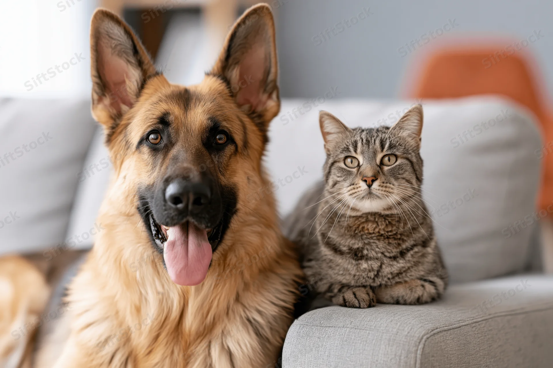 German shepherd dog with tongue out sitting beside a tabby cat on a gray sofa in a living room