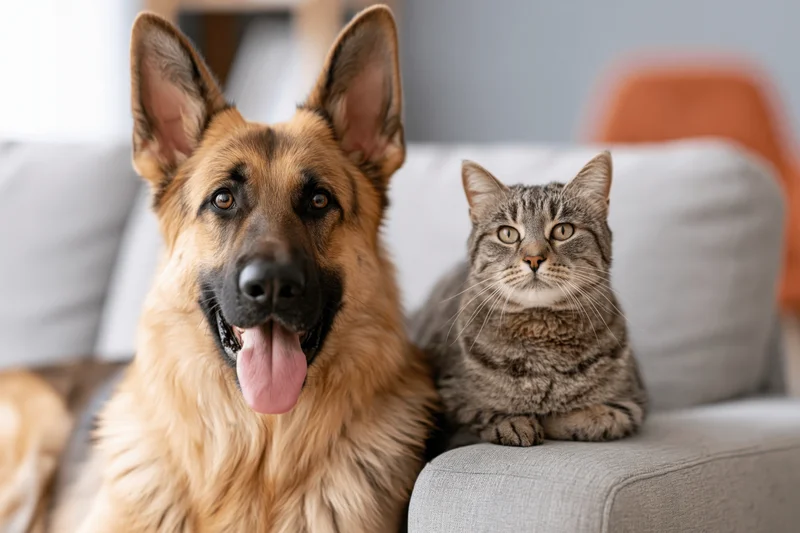 German shepherd dog with tongue out sitting beside a tabby cat on a gray sofa in a living room