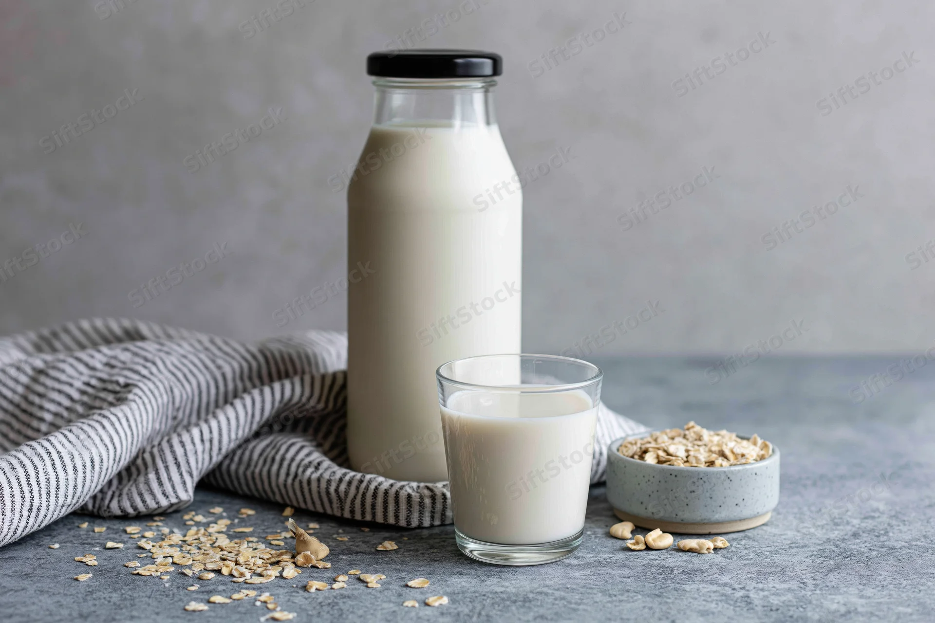 Glass bottle of oat milk with black lid and a short glass on a gray countertop beside a bowl of oats and a striped cloth