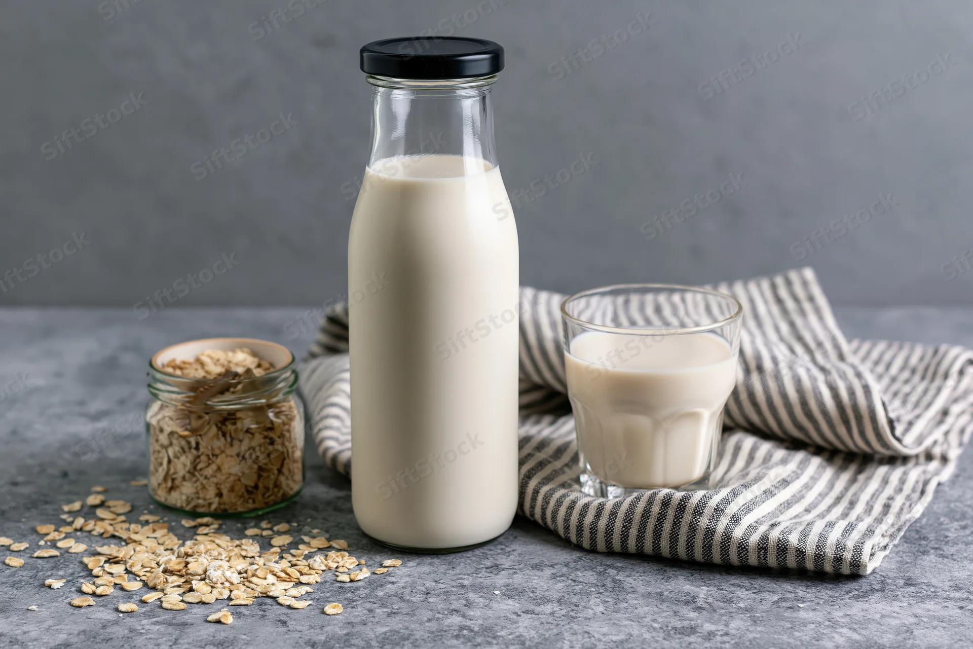 Glass bottle of oat milk with black lid and drinking glass on gray countertop beside jar of oats and striped towel