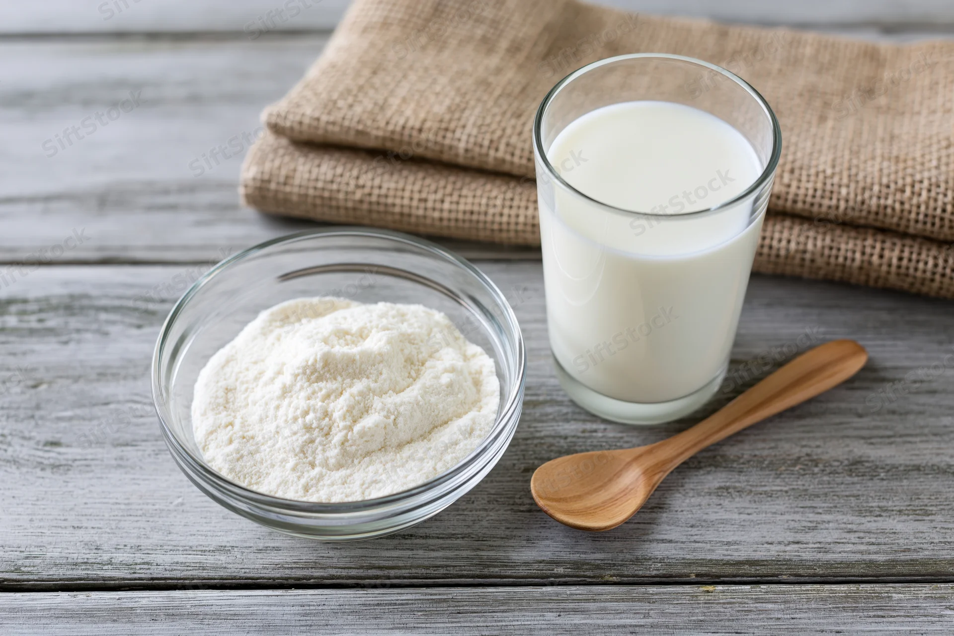 Glass bowl of powdered milk beside a full glass of milk and wooden spoon on a rustic wooden table