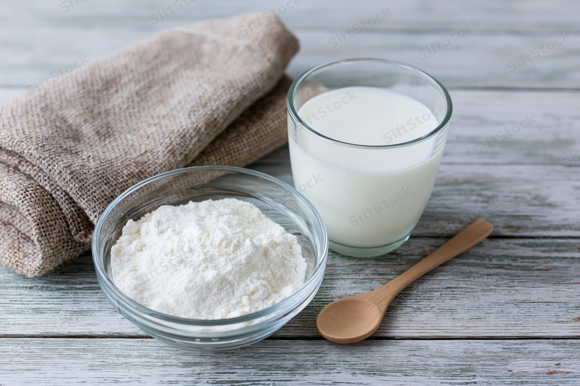 Glass bowl of powdered milk beside a full glass of milk and wooden spoon on a rustic wooden table