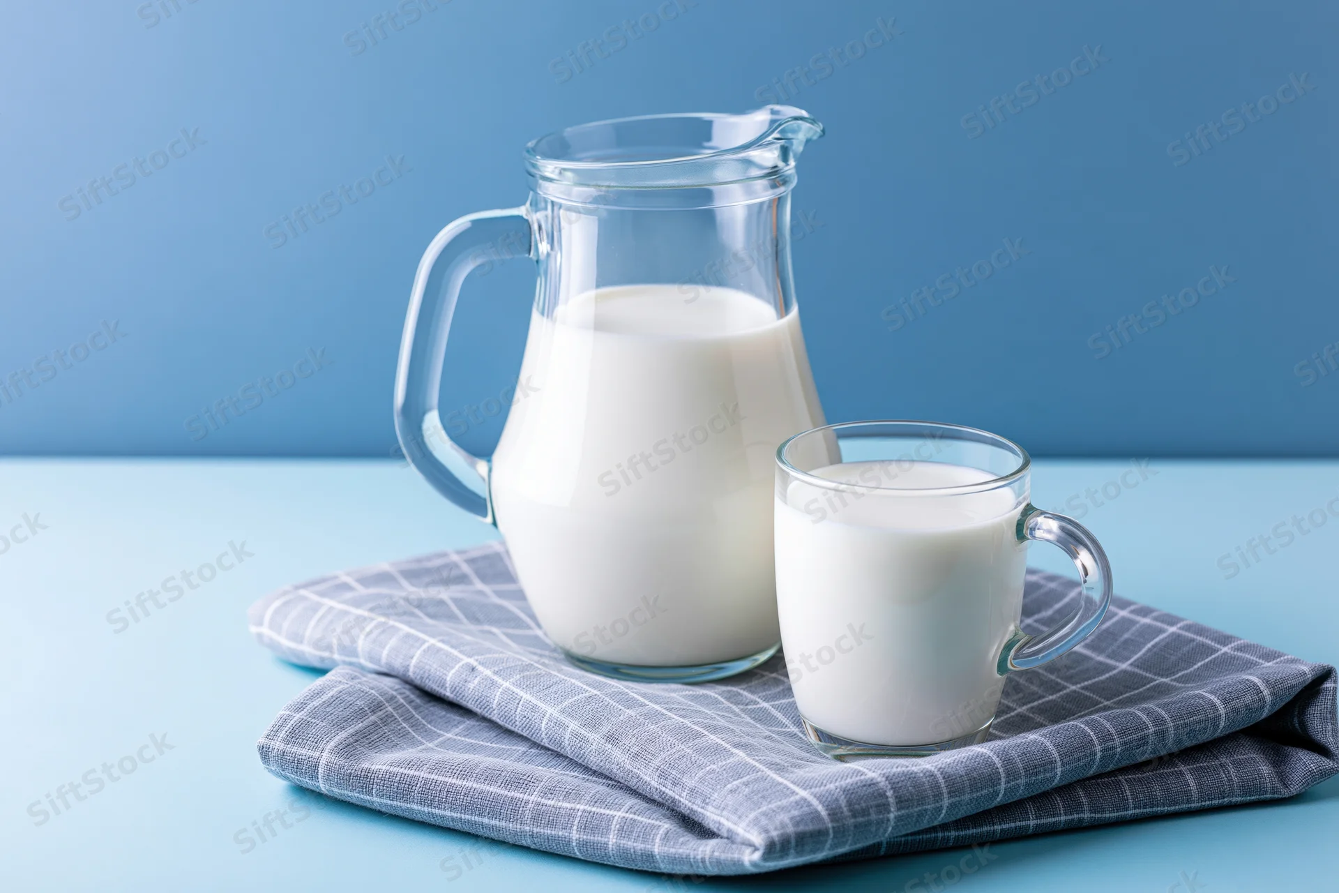 Glass pitcher and mug filled with milk on a checkered cloth against a blue background