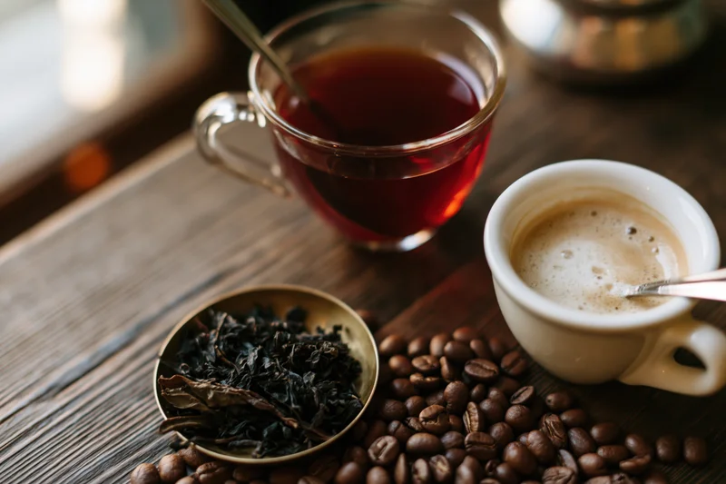 Glass mug of dark red tea with spoon beside white cup of coffee and scattered beans on wooden table