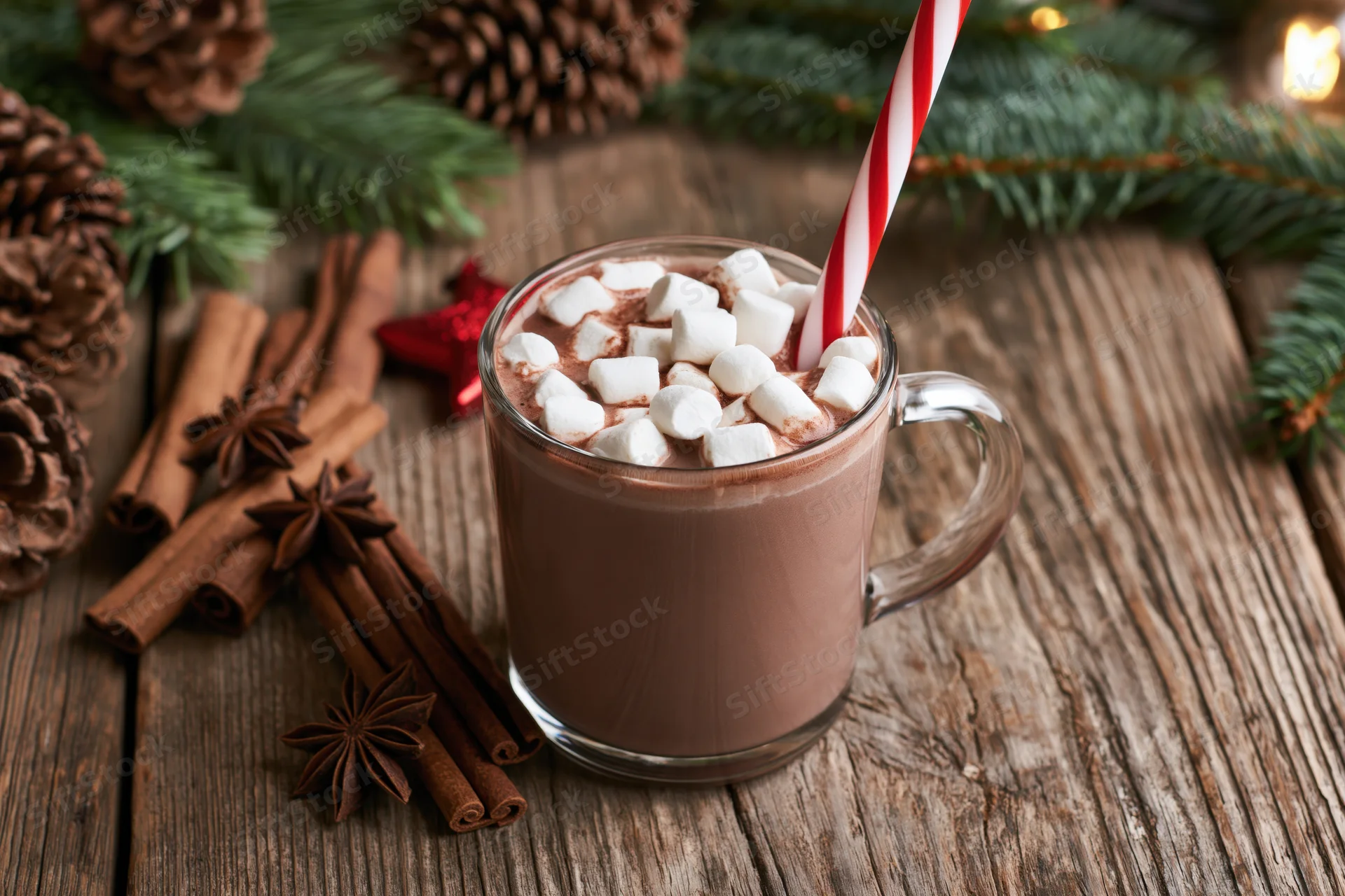 Glass mug of hot chocolate with marshmallows and striped straw on wooden table surrounded by pinecones and cinnamon sticks