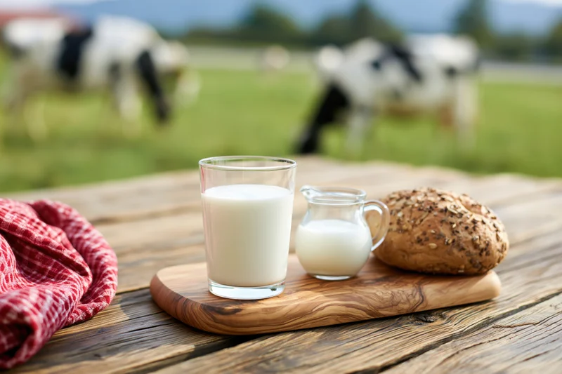 Glass of milk and small pitcher with seeded bread on wooden cutting board on rustic table with cows grazing in field behind