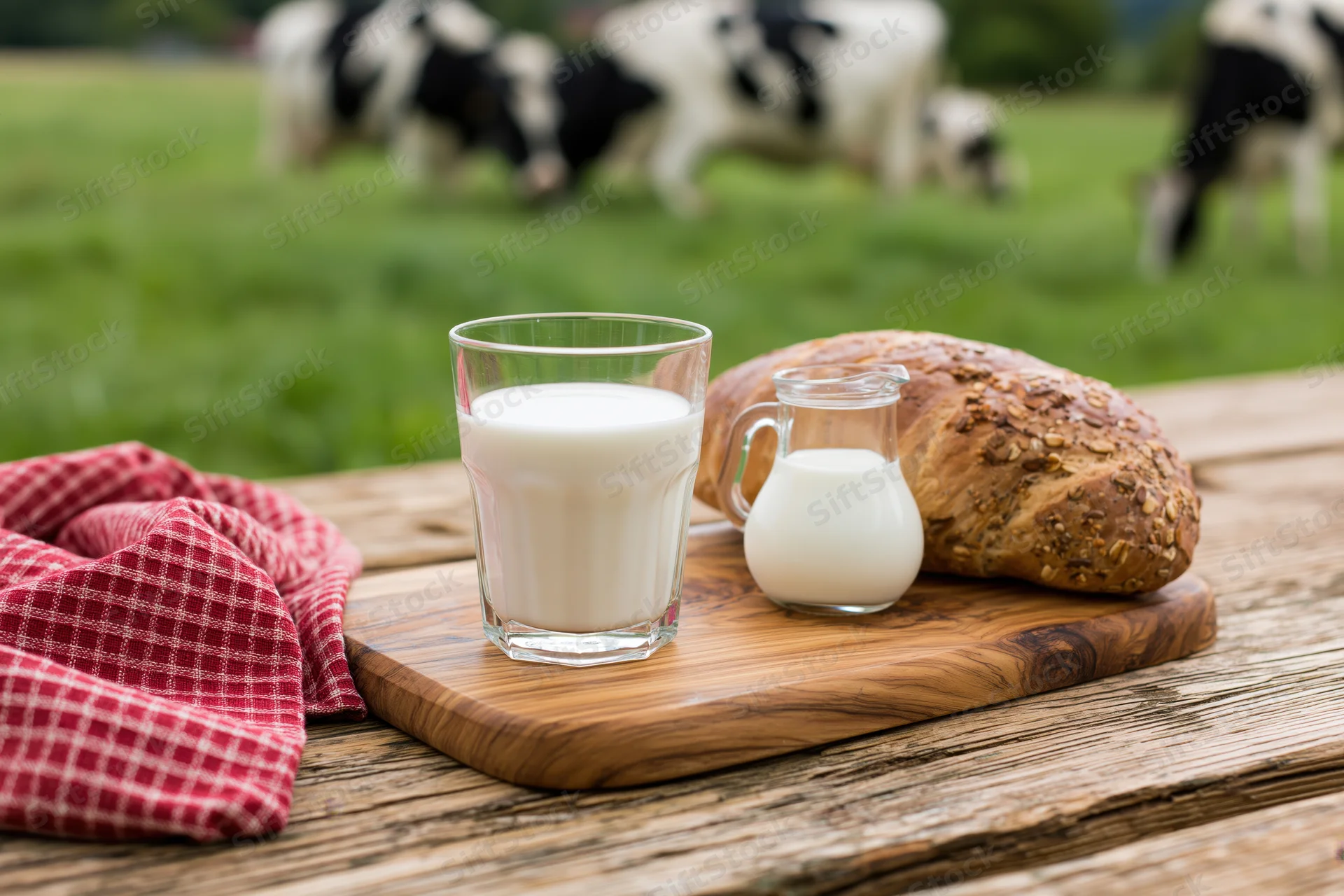 Glass of milk and small pitcher with bread on wooden cutting board on rustic table with cows grazing in green pasture behind