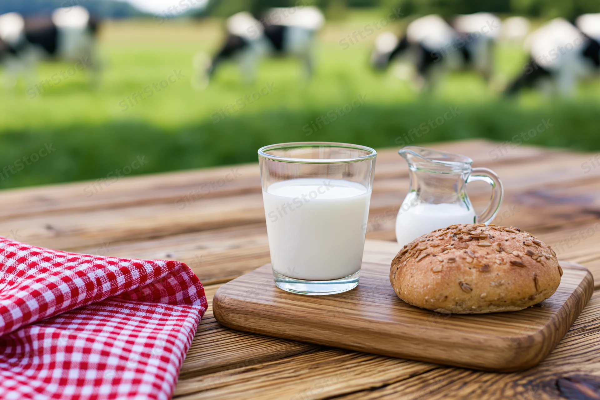 Glass of milk and seeded bread on wooden board with cows grazing in field behind