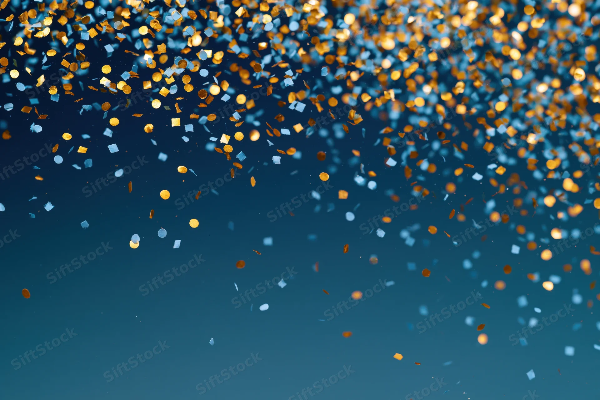 Gold and light blue confetti pieces falling densely against a dark blue background