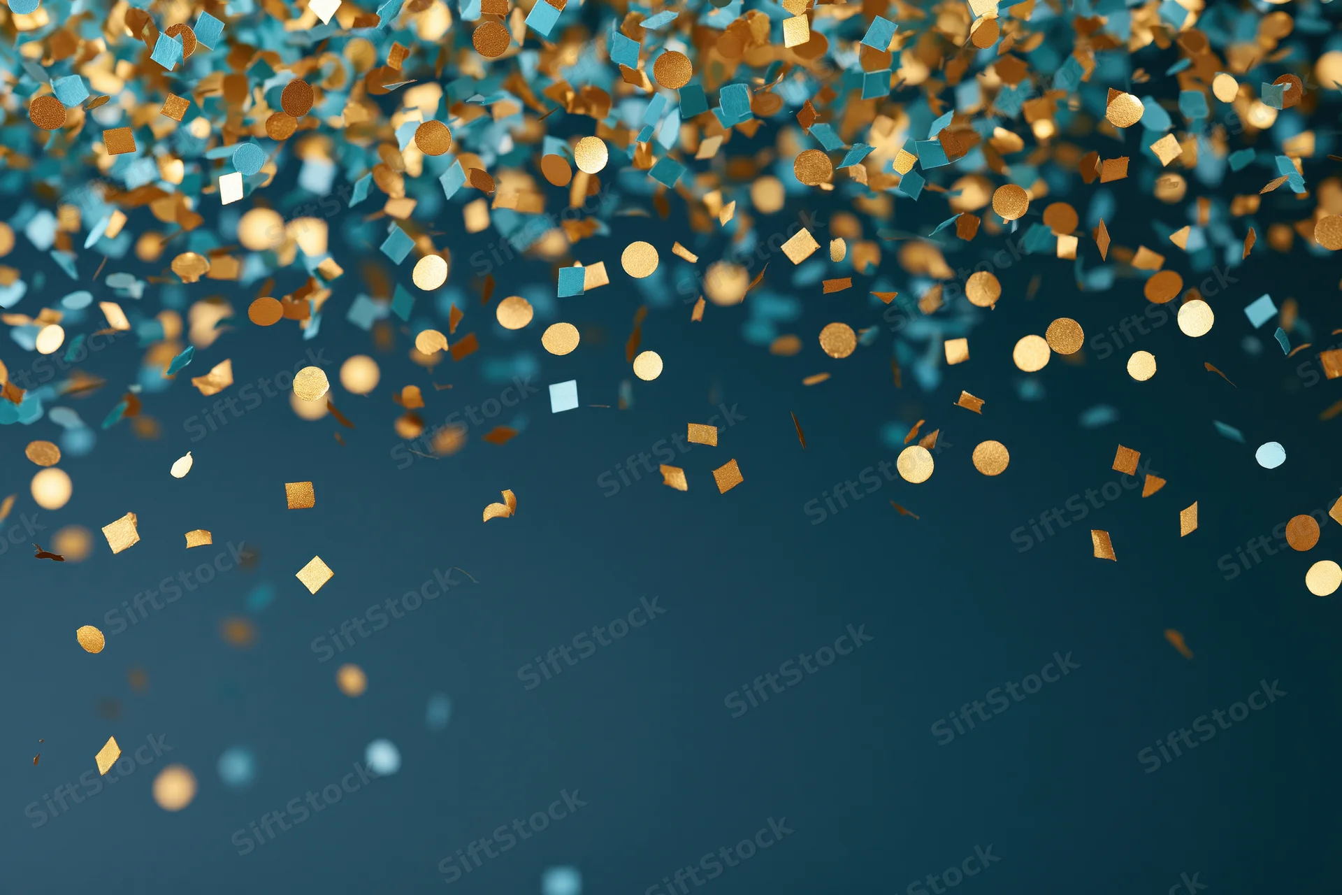 Gold and blue confetti falling densely against a dark blue background with copyspace below