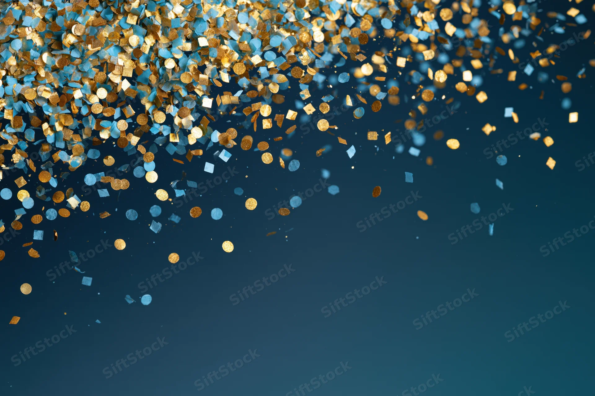 Gold and blue confetti falling densely against a dark blue background with copyspace below