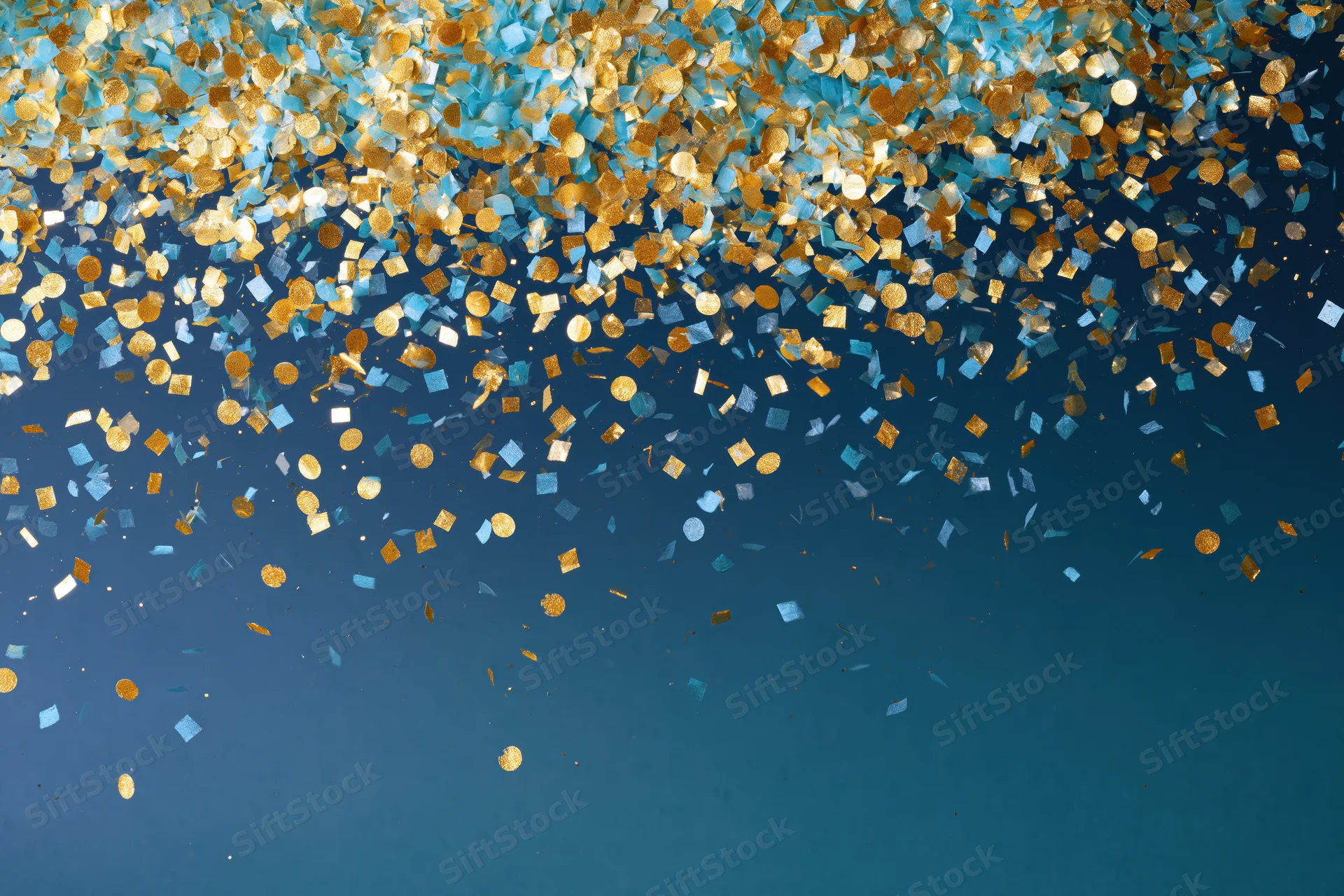 Gold and light blue confetti pieces falling densely against a blue background