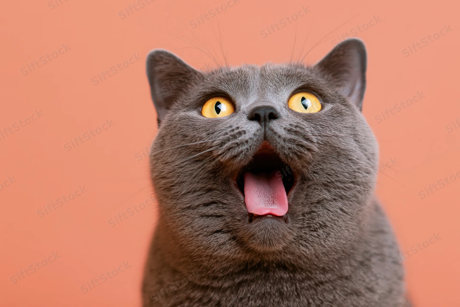 Grey british shorthair cat with wide open mouth and bright yellow eyes against orange background