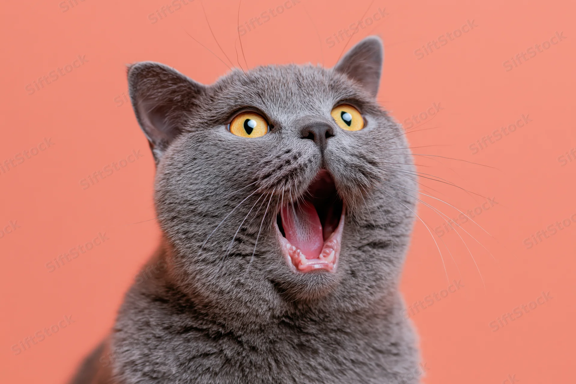 Grey british shorthair cat yawning with mouth wide open against orange background
