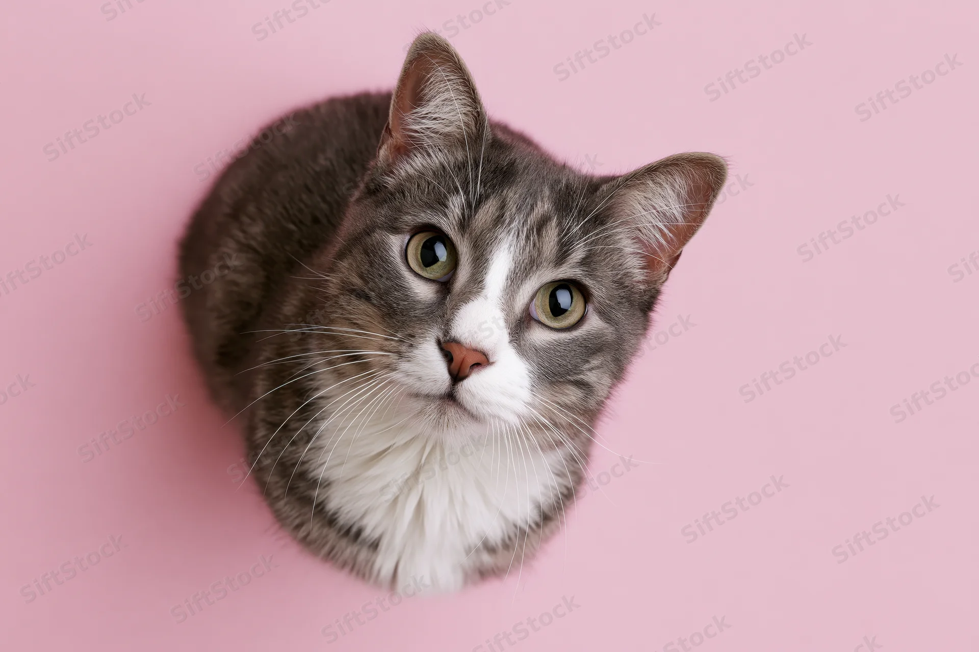 Grey and white tabby cat looking up from overhead view against pink background