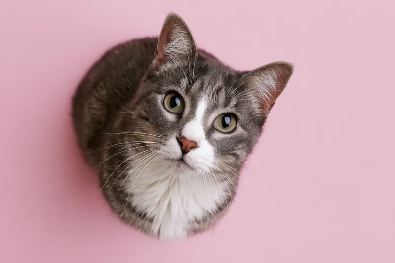 Grey and white tabby cat looking up from overhead view against pink background