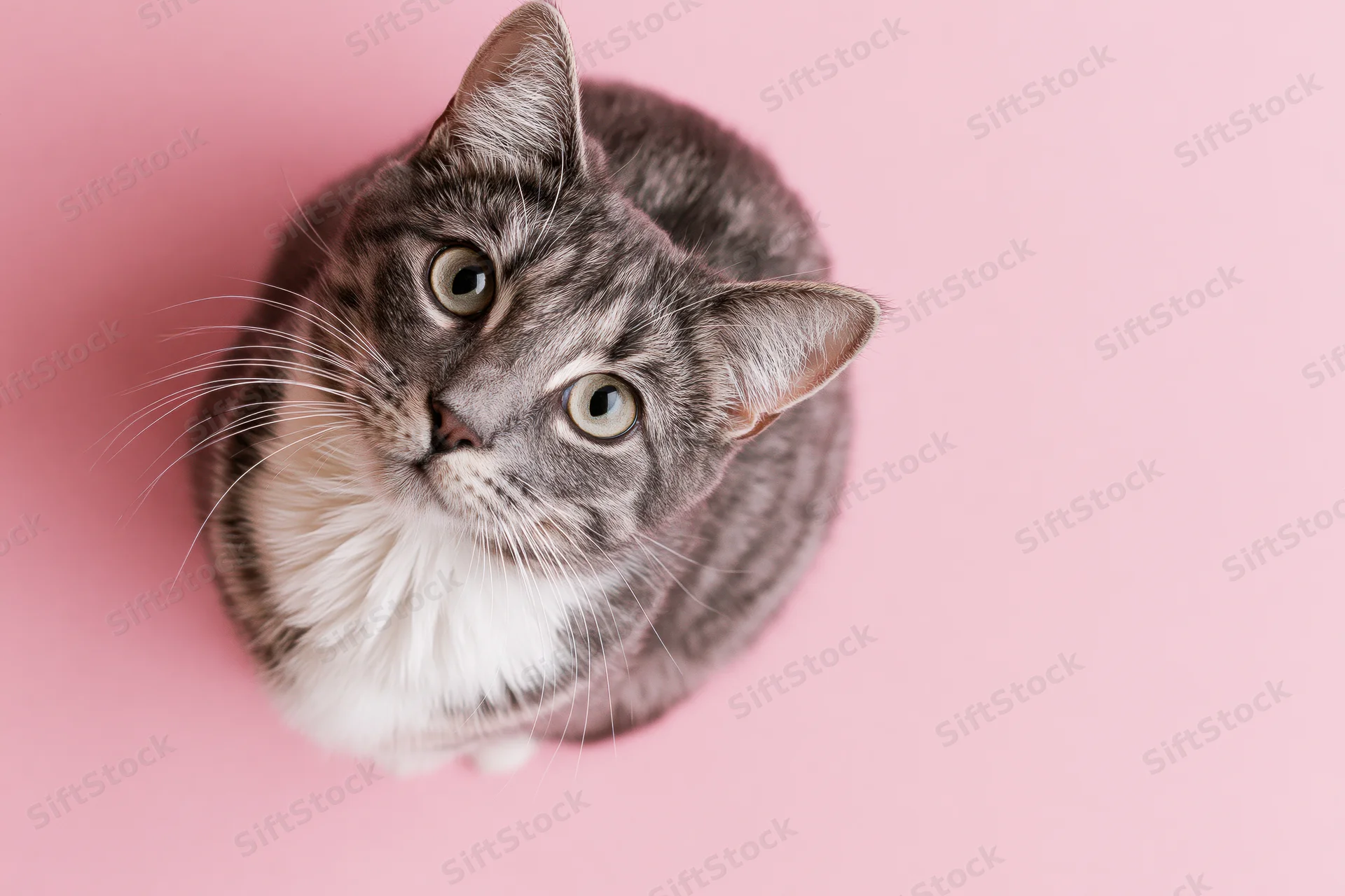 Grey and white tabby cat looking up from overhead view on pink background