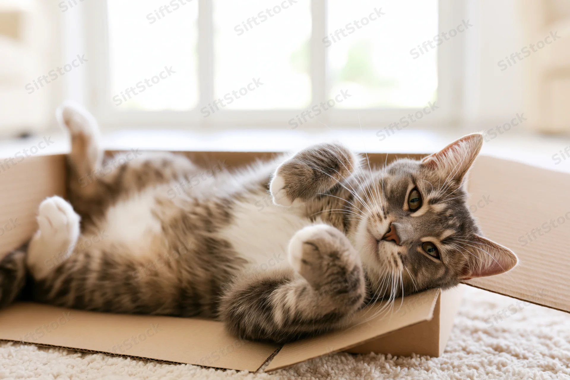 Grey tabby cat lying on its back inside an open cardboard box on a carpeted floor near a window