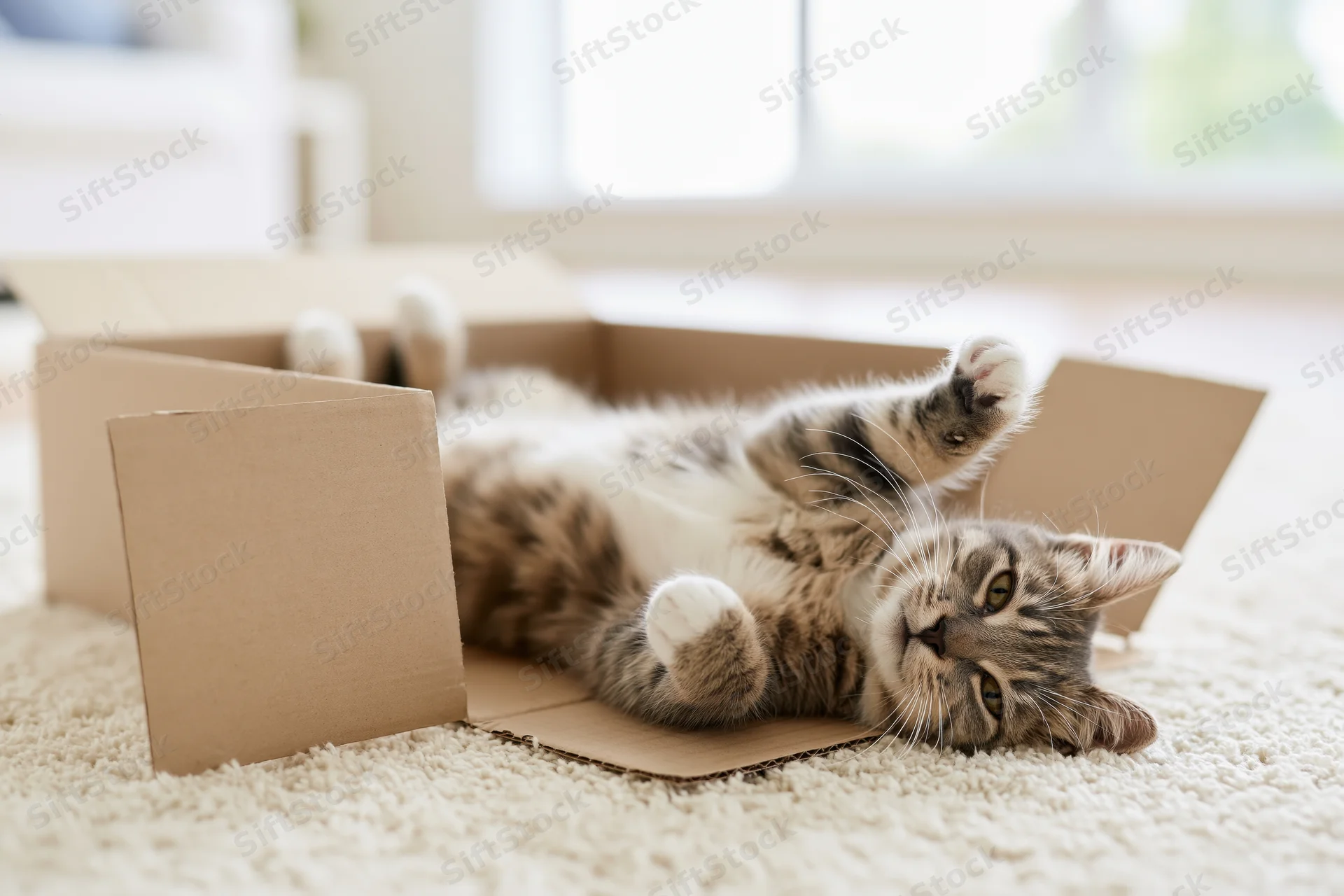 Grey tabby cat lying on its back inside an open cardboard box on a carpeted floor near a window