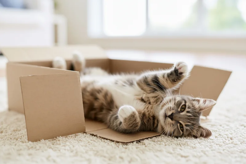 Grey tabby cat lying on its back inside an open cardboard box on a carpeted floor near a window
