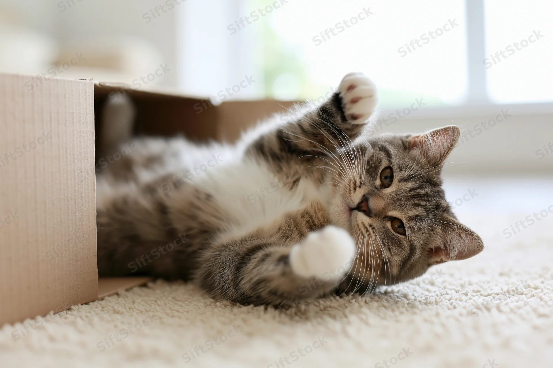Grey tabby cat lying on its back inside an open cardboard box on a carpeted floor near a window