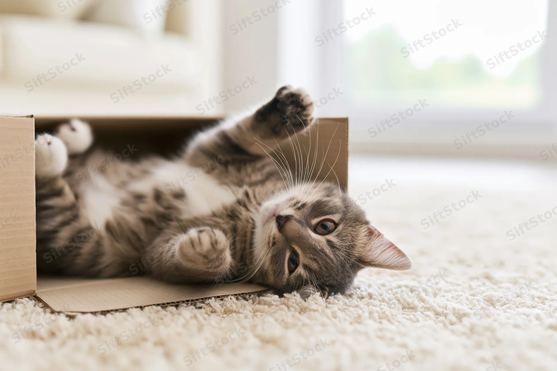 Grey tabby cat lying on its back inside an open cardboard box on a carpeted floor near a window