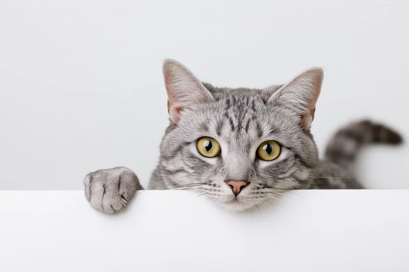 Grey tabby cat peeking over white blank sign with paw resting on edge