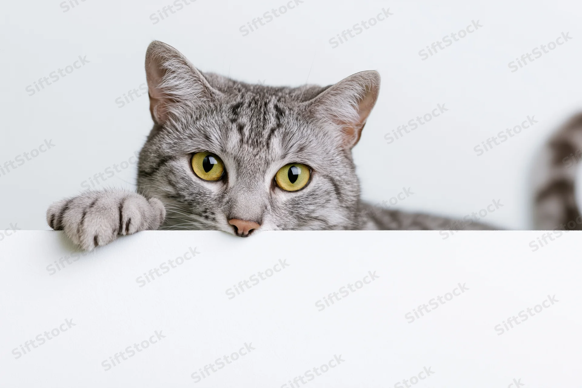 Grey tabby cat peeking over white blank sign with paw resting on edge