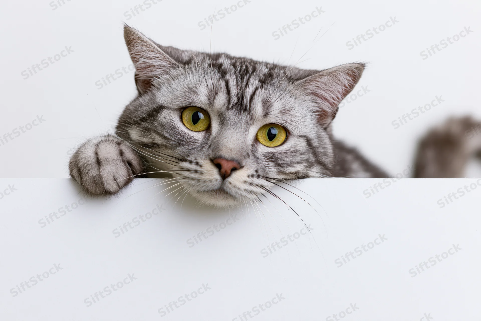 Grey tabby cat peeking over white blank sign with paw resting on edge