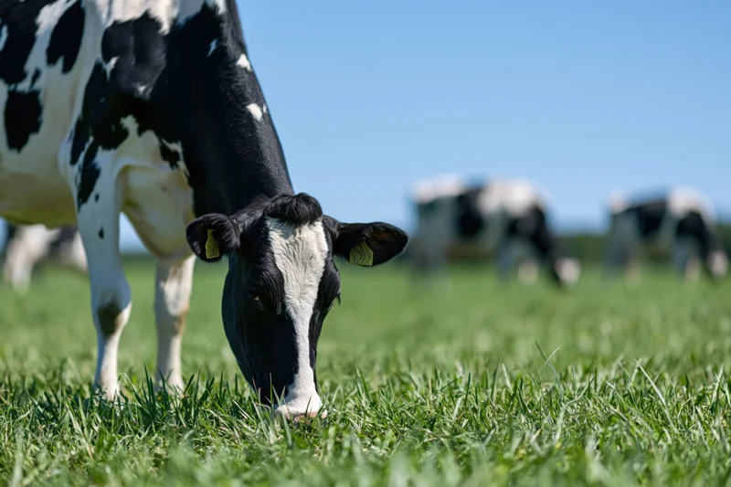 Holstein cow grazing on lush green pasture under clear blue sky