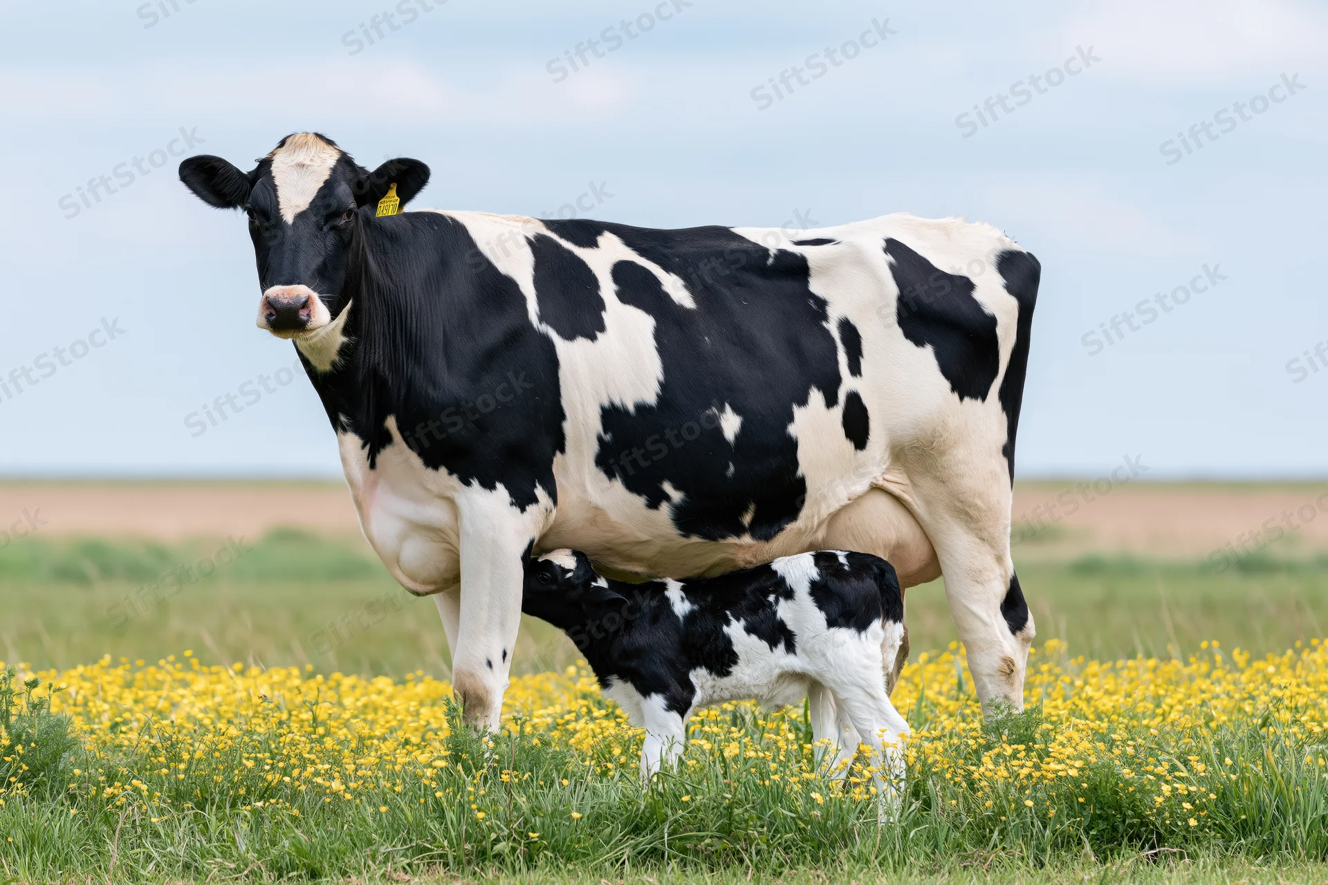 Holstein cow standing in a field with a calf nursing, surrounded by yellow buttercups and green grass