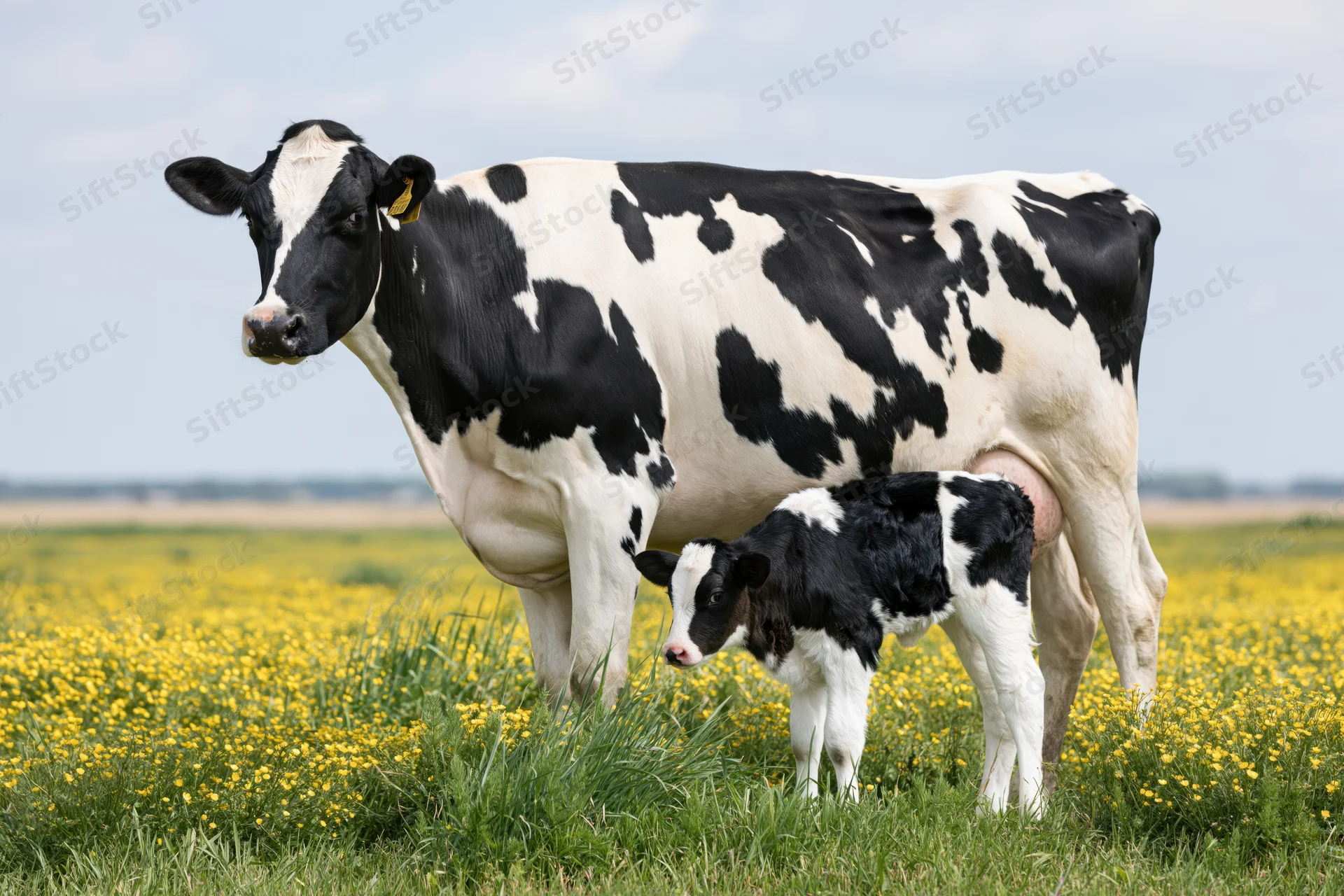 Holstein cow standing with calf in a field of yellow buttercups