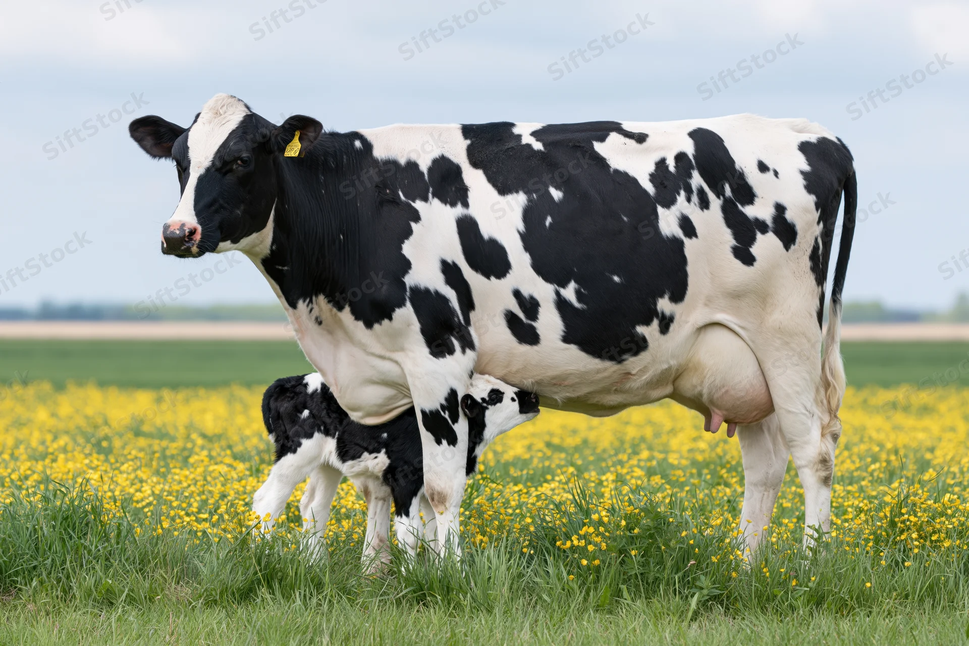 Holstein cow nursing calf in a field of yellow buttercups